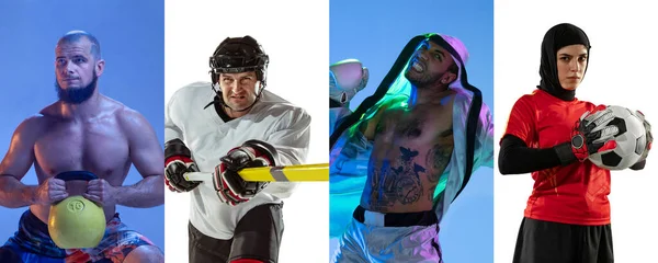 Collage de diferentes deportistas profesionales, aptos para personas en acción y movimiento aislado sobre fondo de neón multicolor. Volante. — Foto de Stock