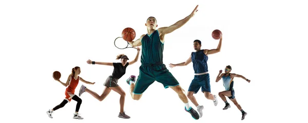 Collage van verschillende professionele sporters, fit mensen in actie en beweging geïsoleerd op witte achtergrond. Vlieger. — Stockfoto