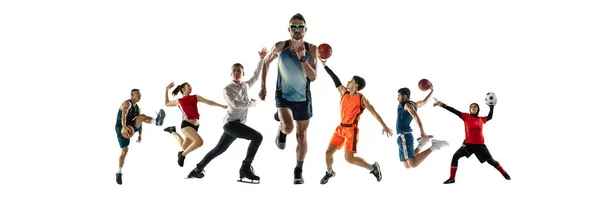 Collage van verschillende professionele sporters, fit mensen in actie en beweging geïsoleerd op witte achtergrond. Vlieger. — Stockfoto