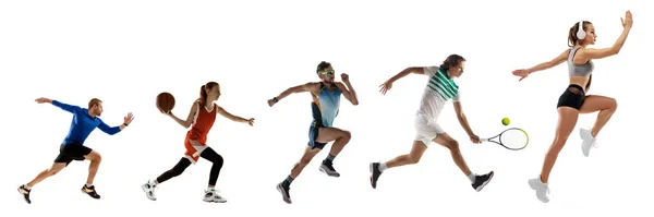 Collage de diferentes deportistas profesionales, aptos para personas en acción y movimiento aislados sobre fondo blanco. Volante. —  Fotos de Stock