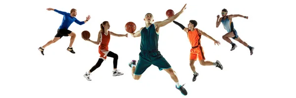 Collage van verschillende professionele sporters, fit mensen in actie en beweging geïsoleerd op witte achtergrond. Vlieger. — Stockfoto