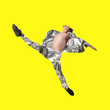 Modern tasarım, çağdaş sanat kolajı. İlham, fikir, modaya uygun şehir dergisi tarzı. Parlak arkaplan üzerine dergi kağıdı kıyafeti.