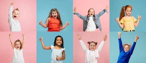 Art collage gemaakt van portretten van kleine en gelukkige kinderen geïsoleerd op veelkleurige atelierachtergrond. Menselijke emoties, gezichtsuitdrukking concept — Stockfoto