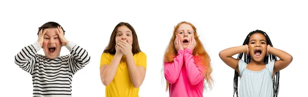 Art collage made of portraits of little and happy kids isolated on white studio background. Human emotions, facial expression concept — Stock Photo, Image