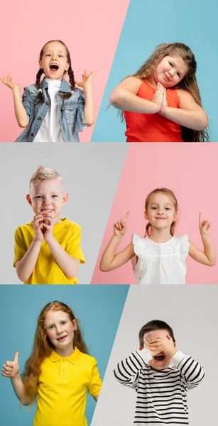 Collage de arte hecho de retratos de niños pequeños y felices aislados en fondo de estudio multicolor. Emociones humanas, concepto de expresión facial —  Fotos de Stock