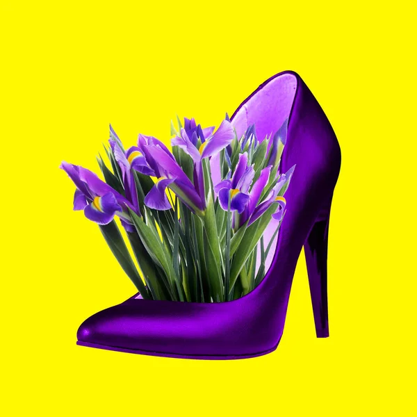 Colagem de arte contemporânea, design moderno. Humor de verão. Sapato feminino cheio de flores no fundo da moda brilhante. — Fotografia de Stock