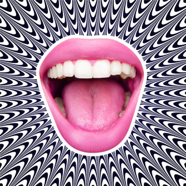 Modern tasarım, çağdaş sanat kolajı. İlham, fikir, modaya uygun şehir dergisi tarzı. Kadın ağız, illüzyon arka planında bağırıyor.