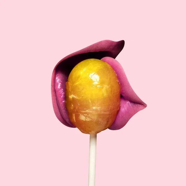 Design moderne, collage d'art contemporain. Inspiration, idée, style magazine urbain tendance. lèvres féminines avec des bonbons sur fond rose. — Photo
