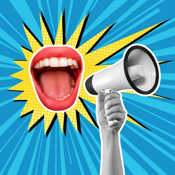 Modern design, contemporary art collage. Inspiration, idea, trendy urban magazine style. Female mouth shouting with megaphone on background. — Stock Photo, Image