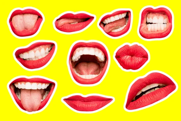 Modern design, hedendaagse kunst collage. Inspiratie, idee, trendy urban magazine stijl. Vrouwelijke lippen met verschillende emoties op gele achtergrond. — Stockfoto