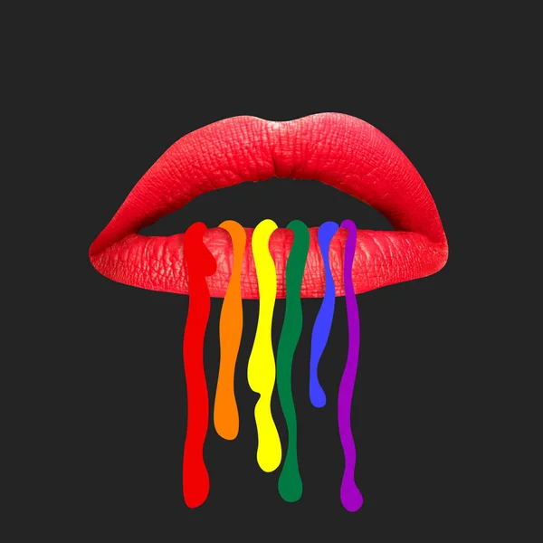 Modern design, contemporary art collage. Inspiration, idea, trendy urban magazine style. Female lips with colorful floods on black background. — Stock Photo, Image