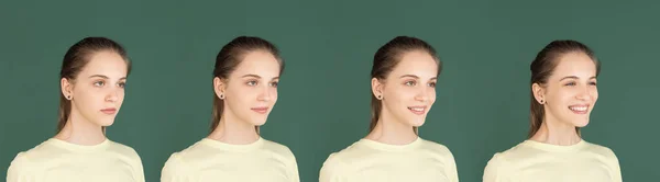 Evolution of emotions. Caucasian young womans portrait isolated over green studio background with copyspace — Stock Photo, Image