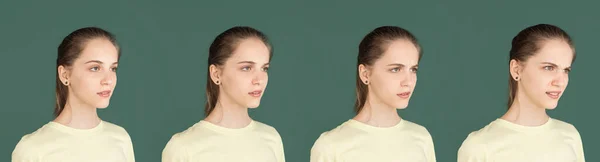 Evolution der Emotionen. Kaukasische junge Frauen Porträt isoliert über grünem Studiohintergrund mit Kopierraum — Stockfoto