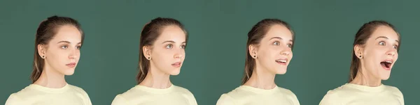 Evolución de las emociones. Caucásico joven mujer retrato aislado sobre verde estudio fondo con copyspace —  Fotos de Stock