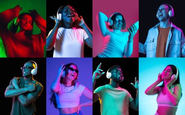 Çok renkli arka planda, neon ışıkta, kolajda bir grup insanın portreleri.