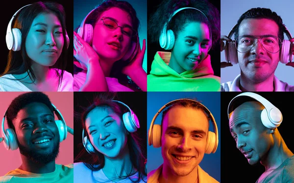 Πορτραίτα της ομάδας των ανθρώπων με πολύχρωμο φόντο σε νέον φως, κολάζ. — Φωτογραφία Αρχείου