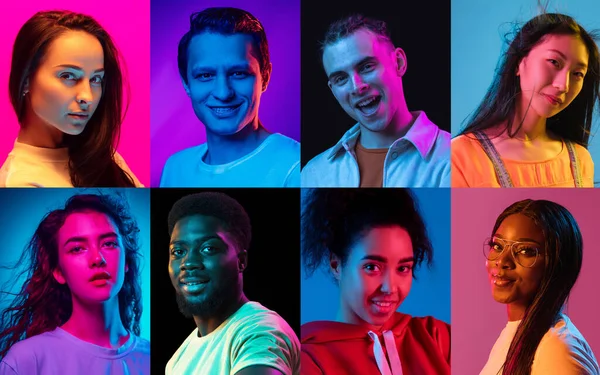 Πορτραίτα της ομάδας των ανθρώπων με πολύχρωμο φόντο σε νέον φως, κολάζ. — Φωτογραφία Αρχείου