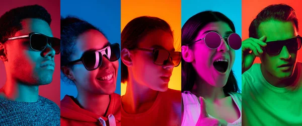 Portraits de groupe de personnes sur fond multicolore au néon, collage. — Photo