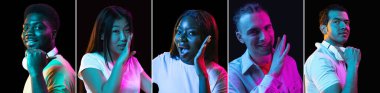 Çok renkli arka planda, neon ışıkta, kolajda bir grup insanın portreleri.