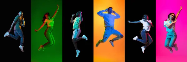 Portraits of group of people on multicolored background in neon light, collage. — Stock Photo, Image