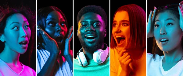 Portraits of group of people on multicolored background in neon light, collage. — Stock Photo, Image