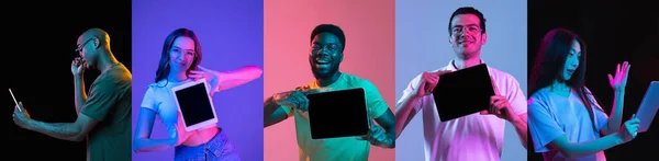 Többszínű hátterű emberek portréi neonfényben, kollázzsal. — Stock Fotó
