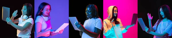 Portraits of group of people on multicolored background in neon light, collage. — Stock Photo, Image