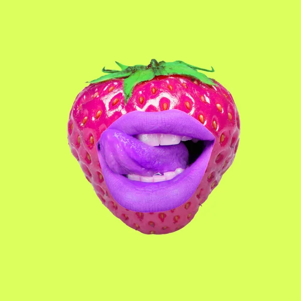 Colagem de arte contemporânea, design moderno. Humor de verão. Morango suculento com bocas femininas e lábios em amarelo — Fotografia de Stock