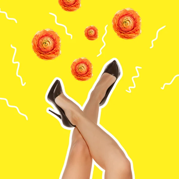 Slender female legs isolated on yellow neon background. Contemporary art collage, modern design. — Stock Photo, Image