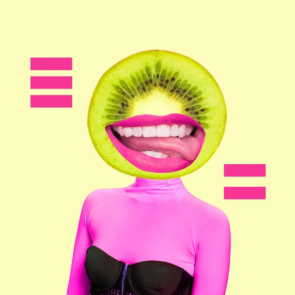 Colagem de arte contemporânea, design moderno. Humor de verão. Quivi suculento com bocas femininas e corpo em amarelo — Fotografia de Stock