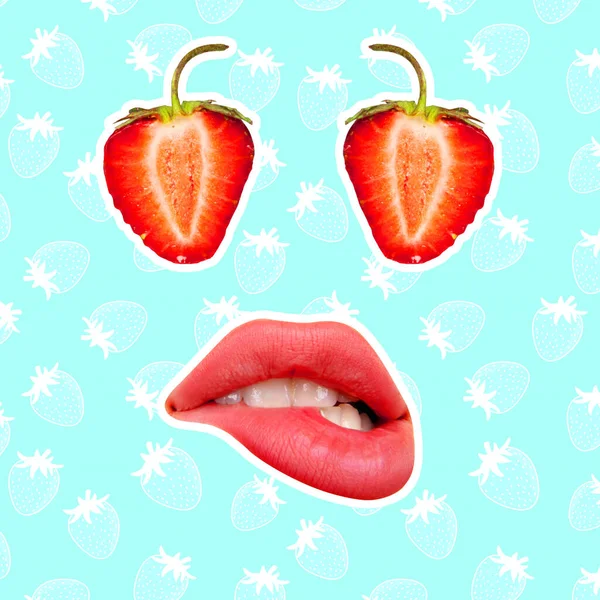 Colagem de arte contemporânea, design moderno. Humor de verão. Morango suculento com bocas femininas e lábios em azul — Fotografia de Stock