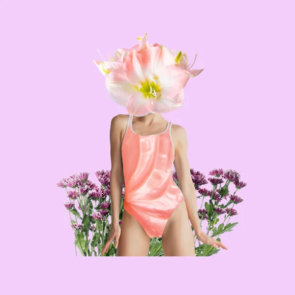 Diseño moderno, collage de arte contemporáneo. Inspiración, idea, estilo moderno de revista urbana. Mujer encabezada por una gran flor sobre fondo rosa. — Foto de Stock