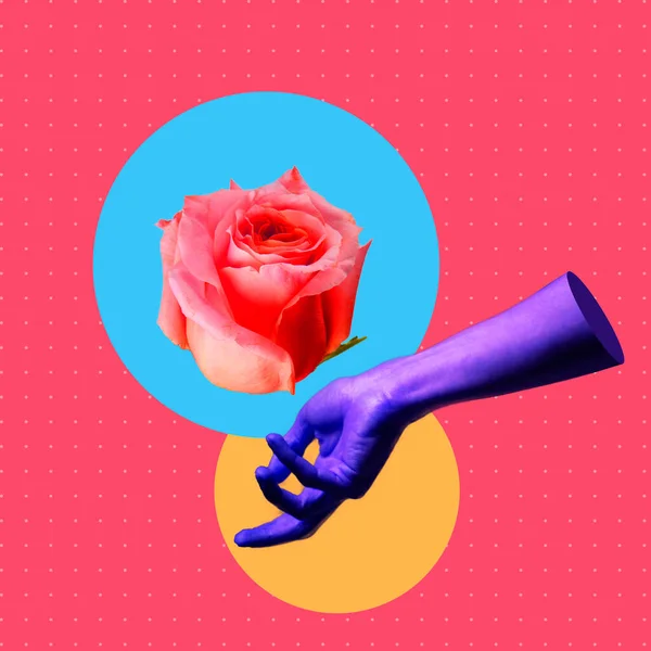 Modern design, contemporary art collage. Inspiration, idea, trendy urban magazine style. Fluid hand holding big rose on geometrical background. — Stock Photo, Image