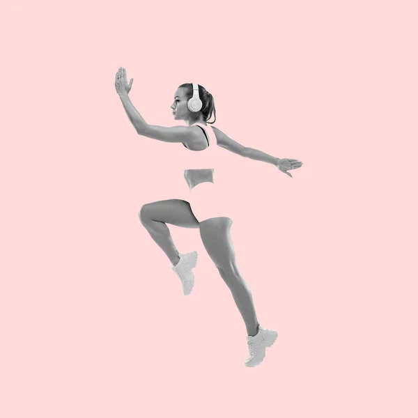 Modern design, contemporary art collage. Inspiration, idea, trendy magazine style. Sport. Professional female athlete on pink background. — Stock Photo, Image