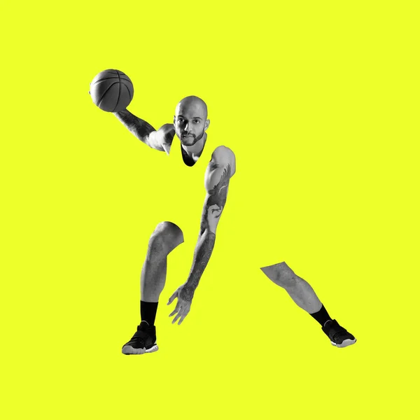 Diseño moderno, collage de arte contemporáneo. Inspiración, idea, estilo de revista de moda. Deporte. Jugador profesional de baloncesto masculino sobre fondo amarillo. —  Fotos de Stock