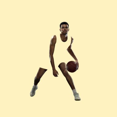Modern tasarım, çağdaş sanat kolajı. İlham, fikir, moda dergi tarzı. Spor. Sarı arka planda profesyonel erkek basketbolcu.
