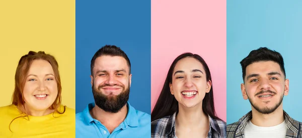 Retrato de grupo de pessoas em fundo multicolorido, colagem, arte — Fotografia de Stock