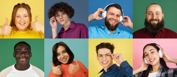 Retrato de grupo de pessoas em fundo multicolorido, colagem, arte — Fotografia de Stock