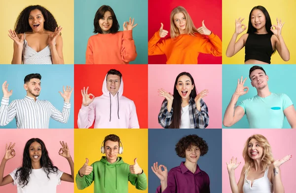 Retrato de grupo de pessoas em fundo multicolorido, colagem, arte — Fotografia de Stock