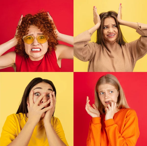 Retrato de grupo de pessoas em fundo multicolorido, colagem, arte — Fotografia de Stock