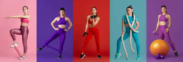 Collage de diferentes deportistas profesionales, aptos para personas en acción y movimiento aislados sobre fondo multicolor. Volante. —  Fotos de Stock