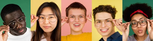 Πορτρέτα της ομάδας των ανθρώπων σε πολύχρωμο φόντο, κολάζ. — Φωτογραφία Αρχείου