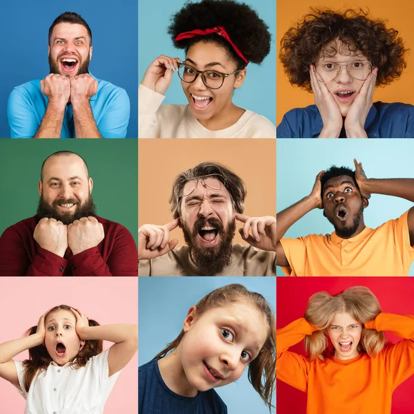 Retratos de grupo de pessoas em fundo multicolorido, colagem. — Fotografia de Stock