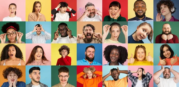 Portréty skupiny lidí na pestrobarevném pozadí, koláž. — Stock fotografie
