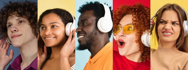 Retratos de grupo de pessoas em fundo multicolorido, colagem. — Fotografia de Stock