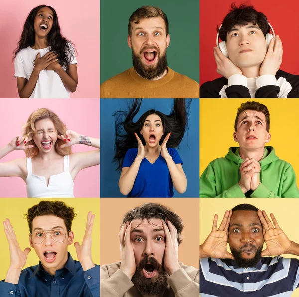 Portraits of group of people on multicolored background, collage. — Stock Photo, Image