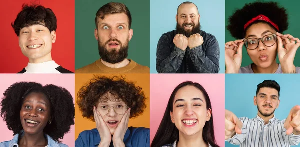 Retratos de grupo de personas sobre fondo multicolor, collage. — Foto de Stock