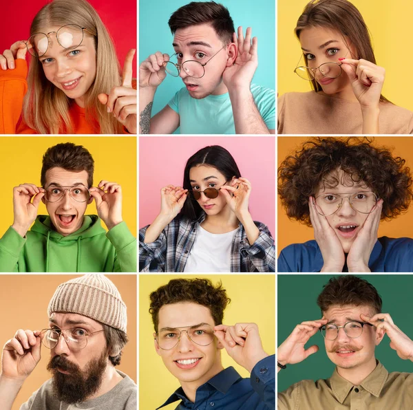 Portraits of group of people on multicolored background, collage. — Stock Photo, Image