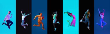 Portraits of group of people on multicolored background in neon light, collage. clipart