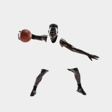 Modern tasarım, çağdaş sanat kolajı. İlham, fikir, moda dergi tarzı. Spor. Beyaz arka planda profesyonel erkek basketbolcu.